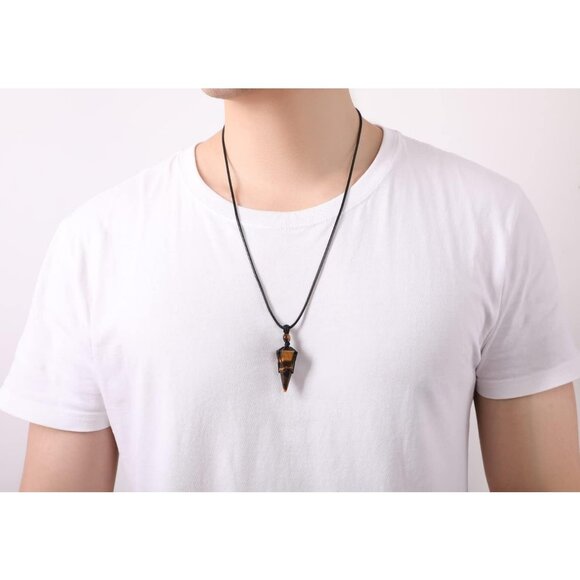 Men's Adjustable Black Rope Healing Crystal Natural Gemstone Pointed Pendant - Picture 4 of 7